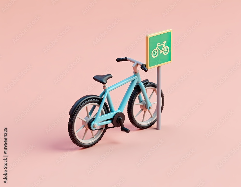Cute Blue Bicycle at Bike Lane Sign - 3D Render