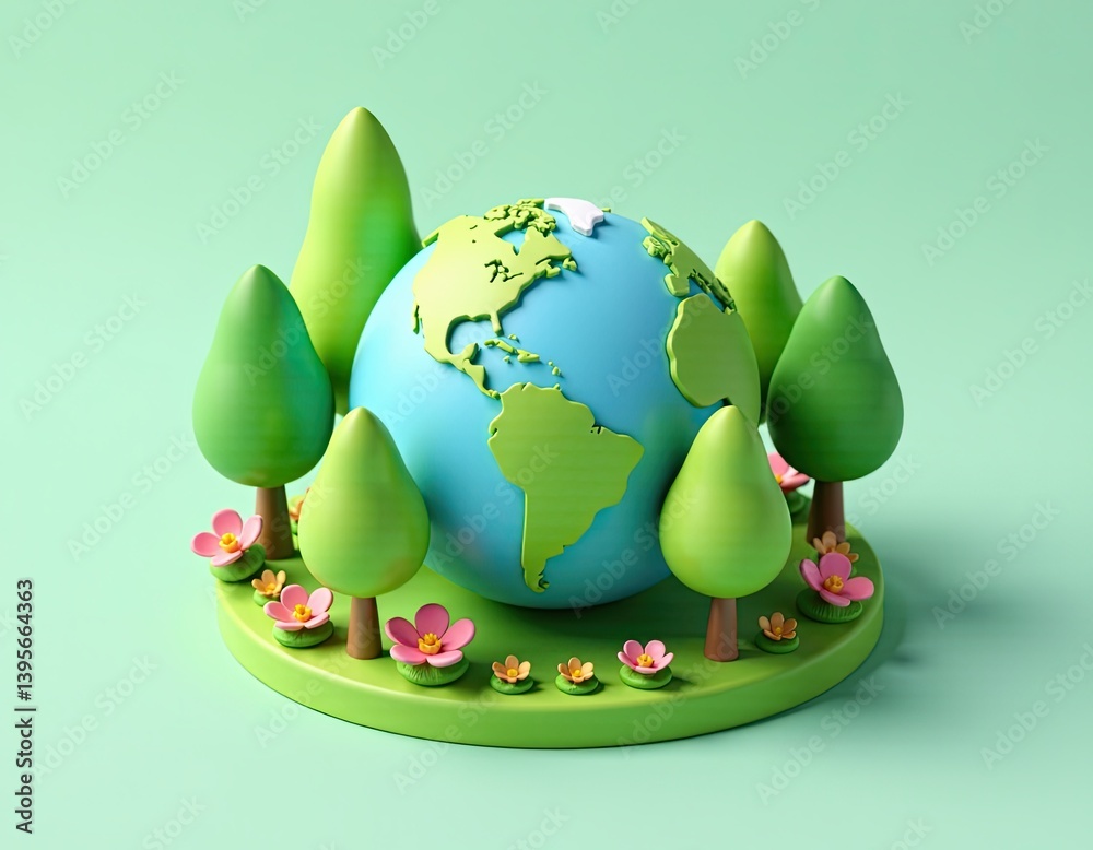 3D Render of Earth with Trees and Flowers - Sustainable Future Concept