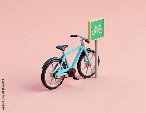 Obraz na płótnie Cute Blue Bicycle at Bike Lane Sign - 3D Render w salonie