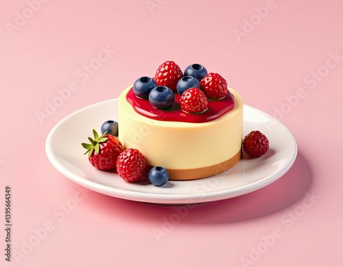 Obraz na płótnie Delicious Cheesecake with Raspberries and Blueberries on Pink Background w salonie