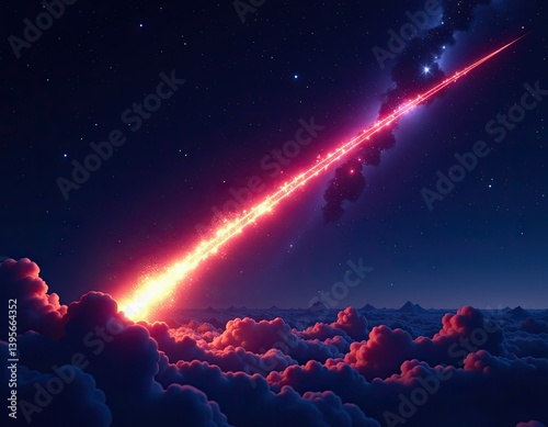 Fiery Meteor Shower over Cloudscape at Night - Dramatic Space Background