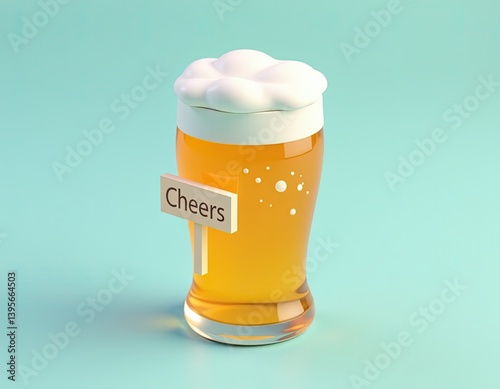 Obraz na płótnie Cheers! 3D Render of a Glass of Beer with Wooden Sign w salonie