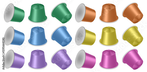 Set of green, blue, purple, orange, yellow and pink coffee capsules. Realistic packaging mockup.	