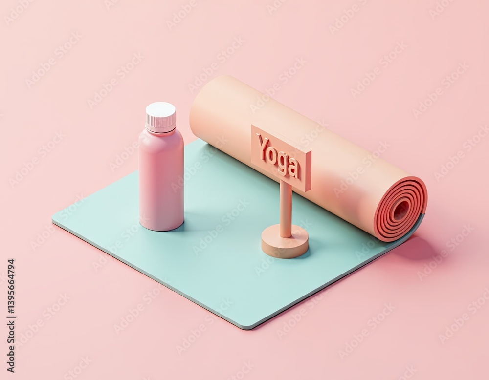 Pink Yoga Mat, Water Bottle, and Yoga Sign - Minimalist Wellness Concept