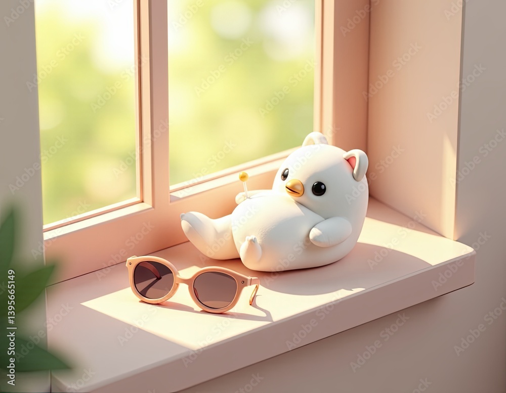 Cute Cartoon Animal Figurine Relaxing on Windowsill with Sunglasses