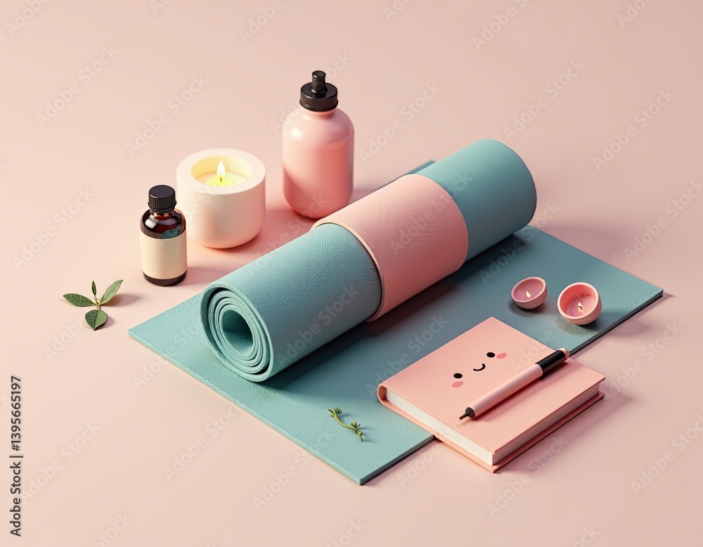 Yoga Mat, Essential Oils, Candles, and Notebook - Wellness and Self-Care Concept