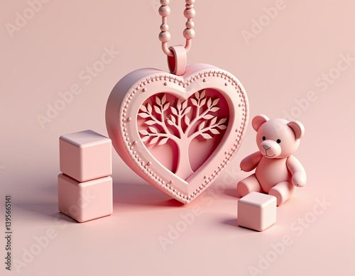 Obraz na płótnie Pink Heart Locket with Tree of Life, Teddy Bear, and Blocks - Baby Girl Gift Concept w salonie
