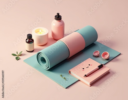 Obraz na płótnie Yoga Mat, Essential Oils, Candles, and Notebook - Wellness and Self-Care Concept w salonie
