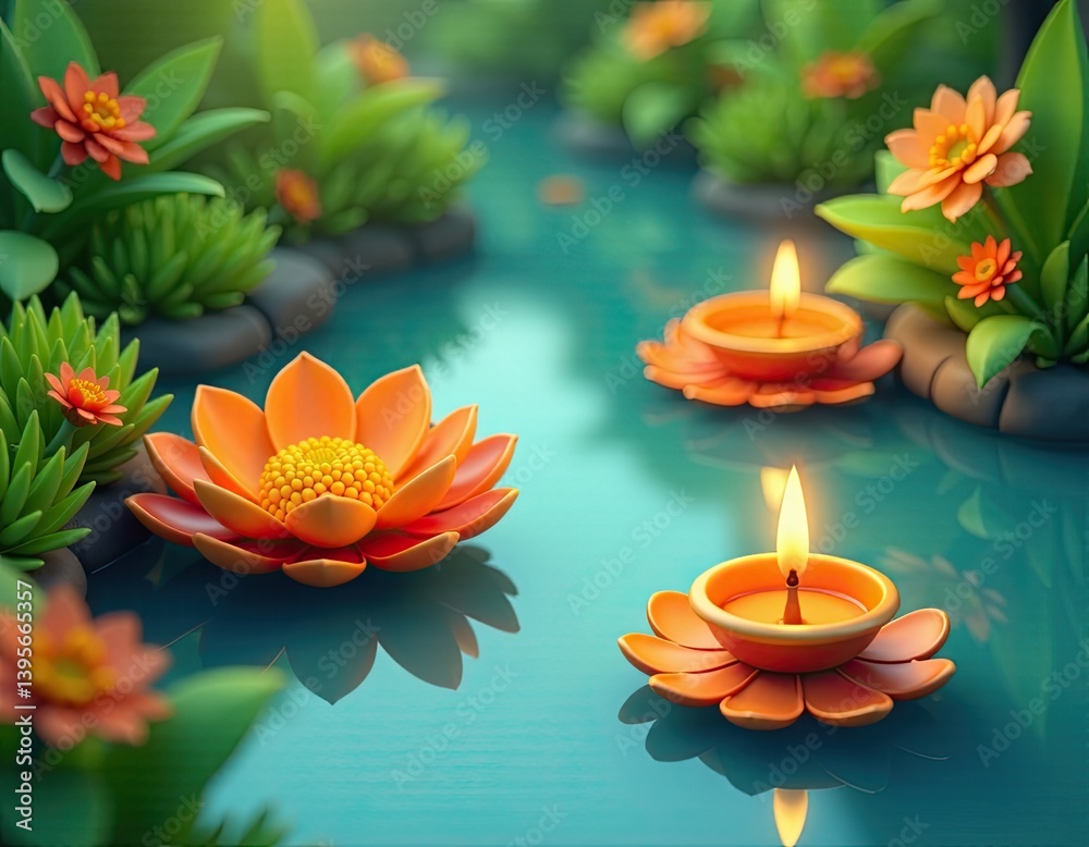 Tranquil Lotus Flowers and Candles Floating on Calm Water