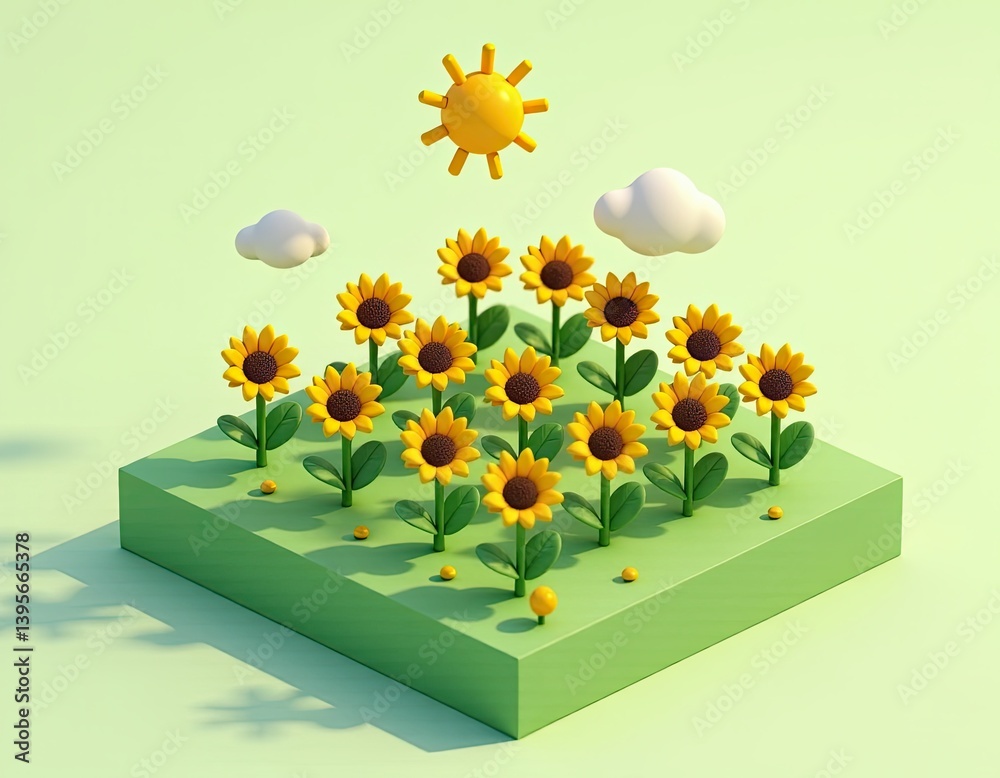 Cute 3D Render of Sunflowers in a Field under Sunny Sky