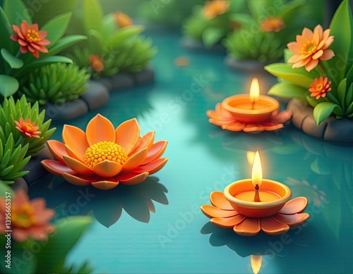 Obraz na płótnie Tranquil Lotus Flowers and Candles Floating on Calm Water w salonie