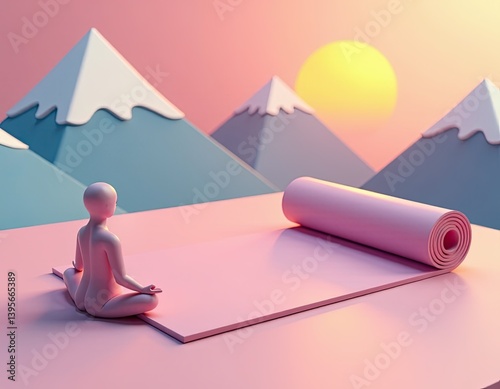 Serene Yoga at Sunrise Minimalist 3D Render of Peaceful Meditation in Mountains