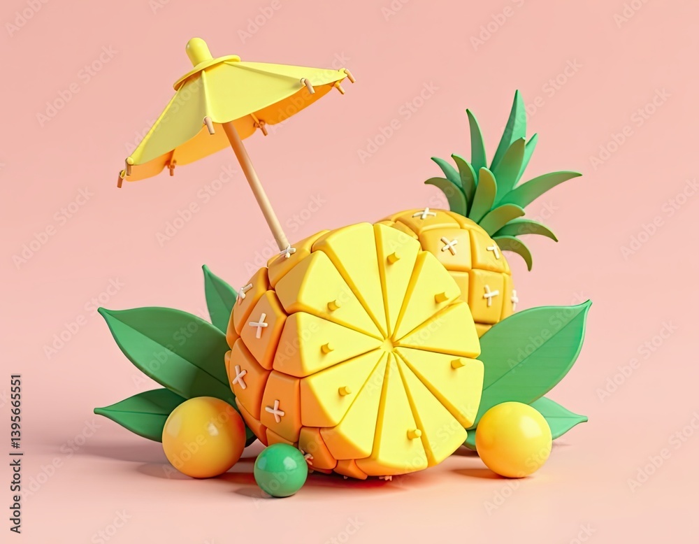 3D Render of Pineapple with Summer Cocktail Umbrella - Tropical Fruit Design