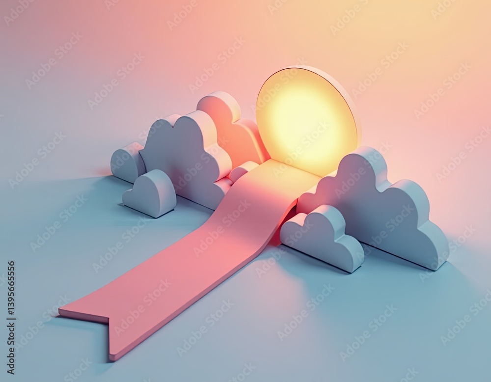 Pink Path to Illuminated Sun Among 3D Clouds - Abstract Concept