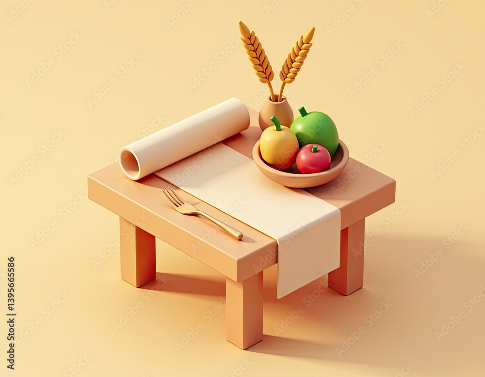 Minimalist 3D Render of Table Setting with Fruits and Wheat