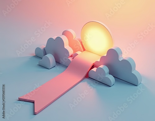 Pink Path to Illuminated Sun Among 3D Clouds - Abstract Concept