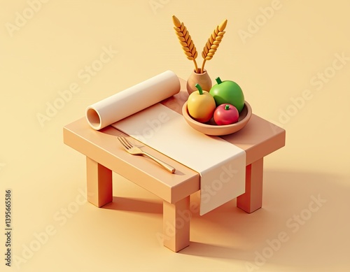 Obraz na płótnie Minimalist 3D Render of Table Setting with Fruits and Wheat w salonie