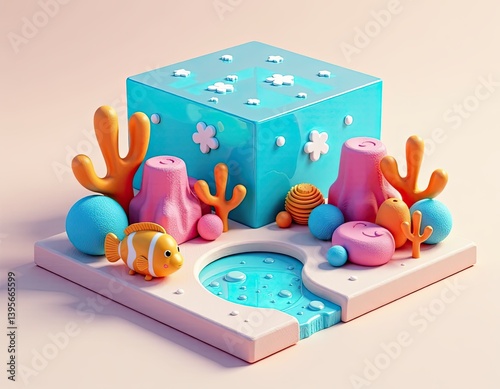 Obraz na płótnie Cute Cartoon Clownfish in 3D Rendered Underwater Scene w salonie