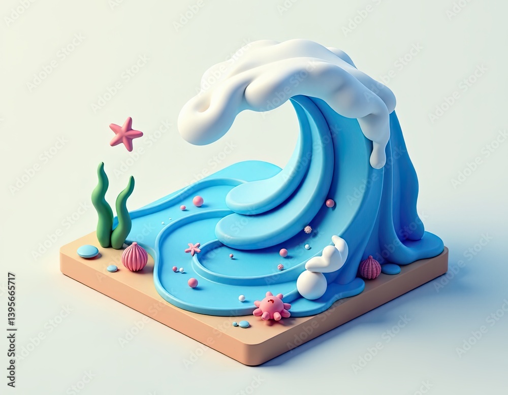 Cute 3D Cartoon Ocean Wave Illustration with Seashells and Starfish