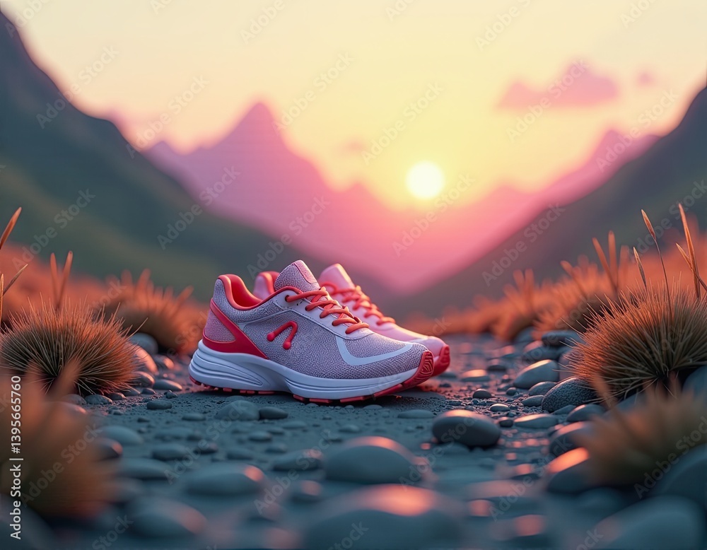 Running Shoes at Sunset in Mountains - Active Lifestyle Concept