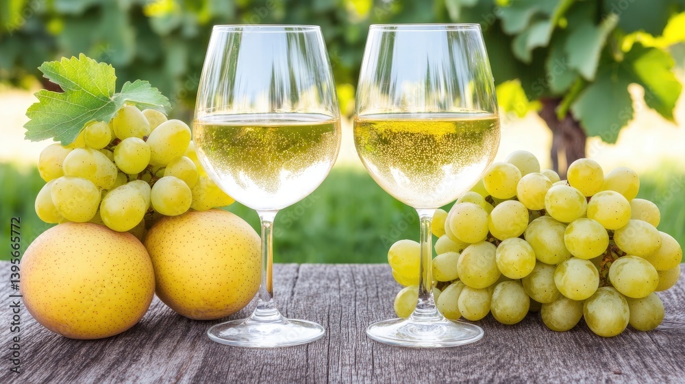 Wine glasses with fruit on a wooden table in vineyard, sunlight through leaves in background