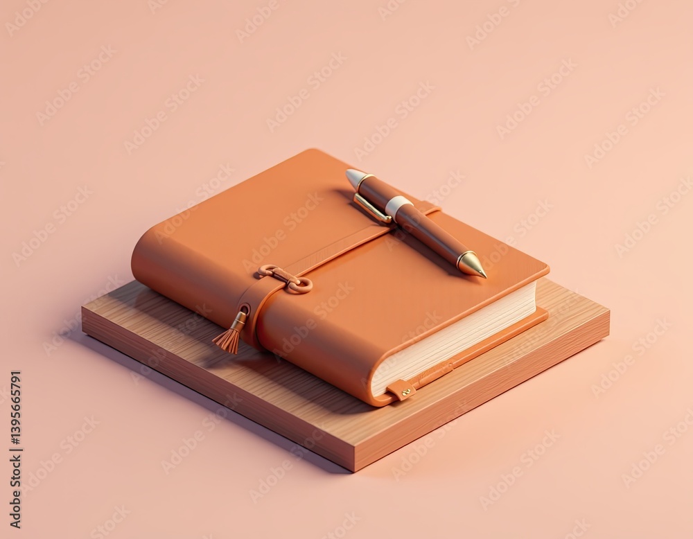 Elegant Leather Journal with Pen on Wooden Surface - Minimalist Stationery Mockup