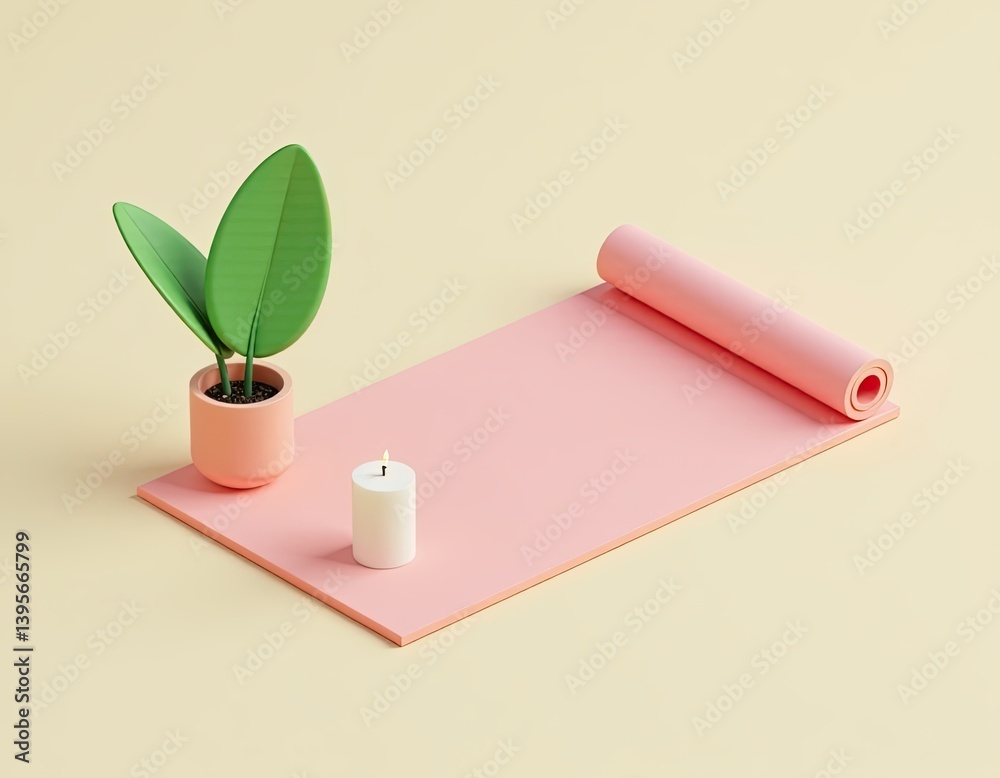 Minimalist Yoga Scene Pink Mat, Candle, and Plant