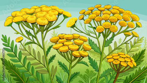 Yellow flowers of a medicinal wild plant tansy closeup