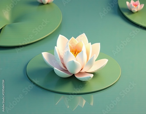 Serene Water Lily Bloom on Calm Pond Surface - 3D Render