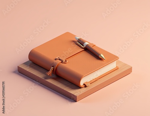 Obraz na płótnie Elegant Leather Journal with Pen on Wooden Surface - Minimalist Stationery Mockup w salonie