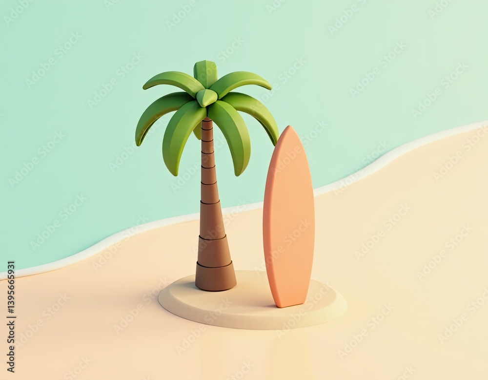 Minimalist 3D Render of Palm Tree and Surfboard on Beach