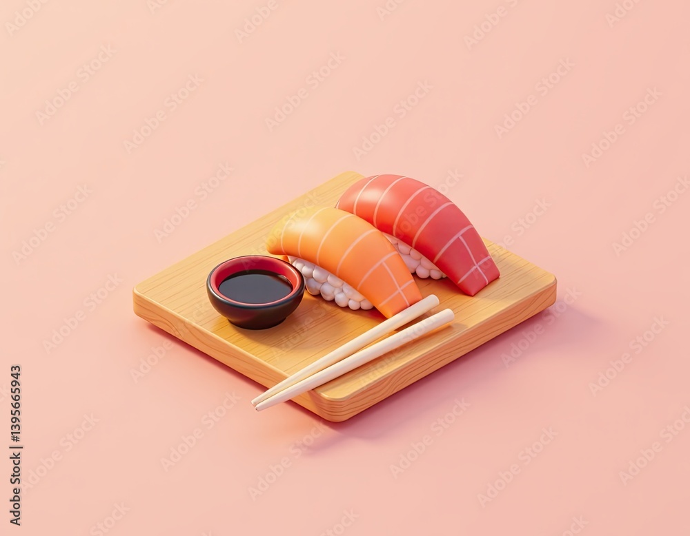 Cartoon Sushi on Wooden Board with Soy Sauce and Chopsticks - 3D Render