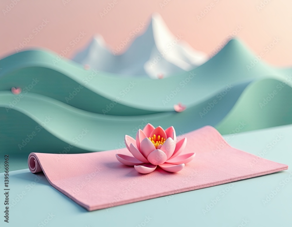 Pink Lotus Flower on Yoga Mat with Abstract Landscape Background