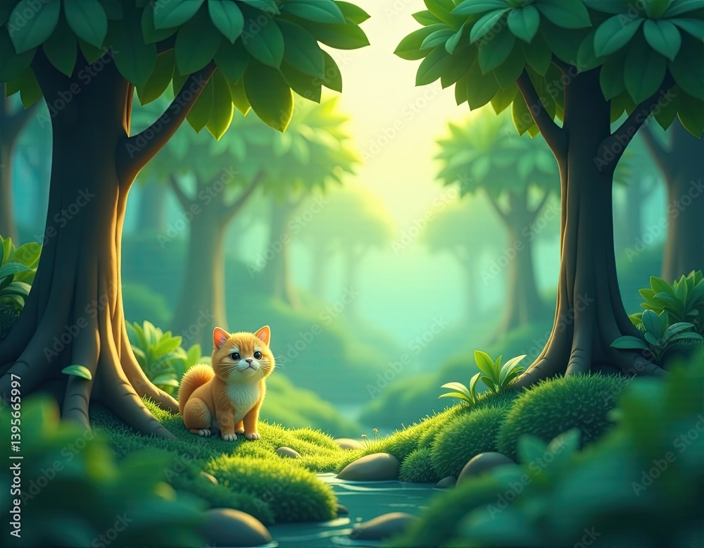 Cute Orange Kitten in a Magical Forest - Adorable 3D Rendered Illustration