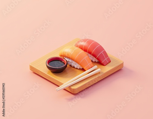 Obraz na płótnie Cartoon Sushi on Wooden Board with Soy Sauce and Chopsticks - 3D Render w salonie