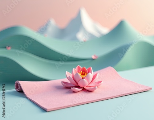 Obraz na płótnie Pink Lotus Flower on Yoga Mat with Abstract Landscape Background w salonie