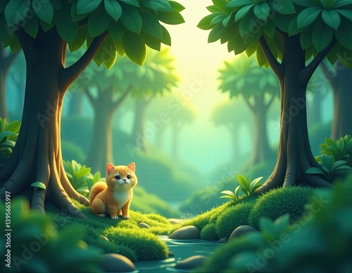 Obraz na płótnie Cute Orange Kitten in a Magical Forest - Adorable 3D Rendered Illustration w salonie