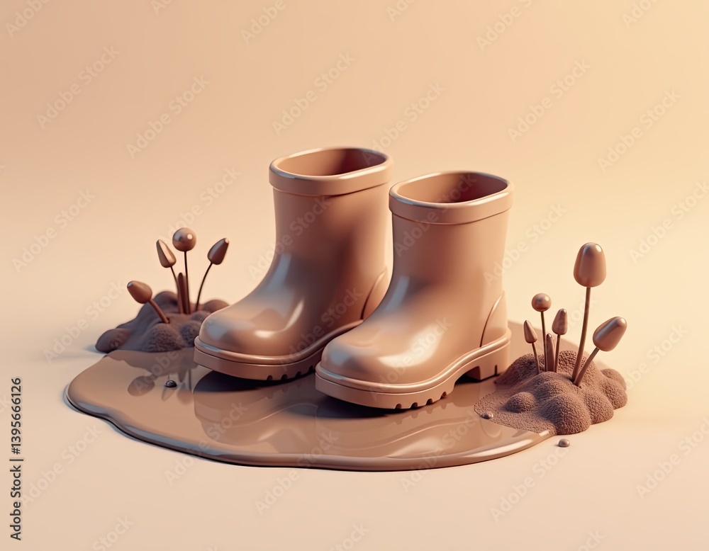 Cute Brown Rubber Boots in Puddle with Mushrooms - 3D Render