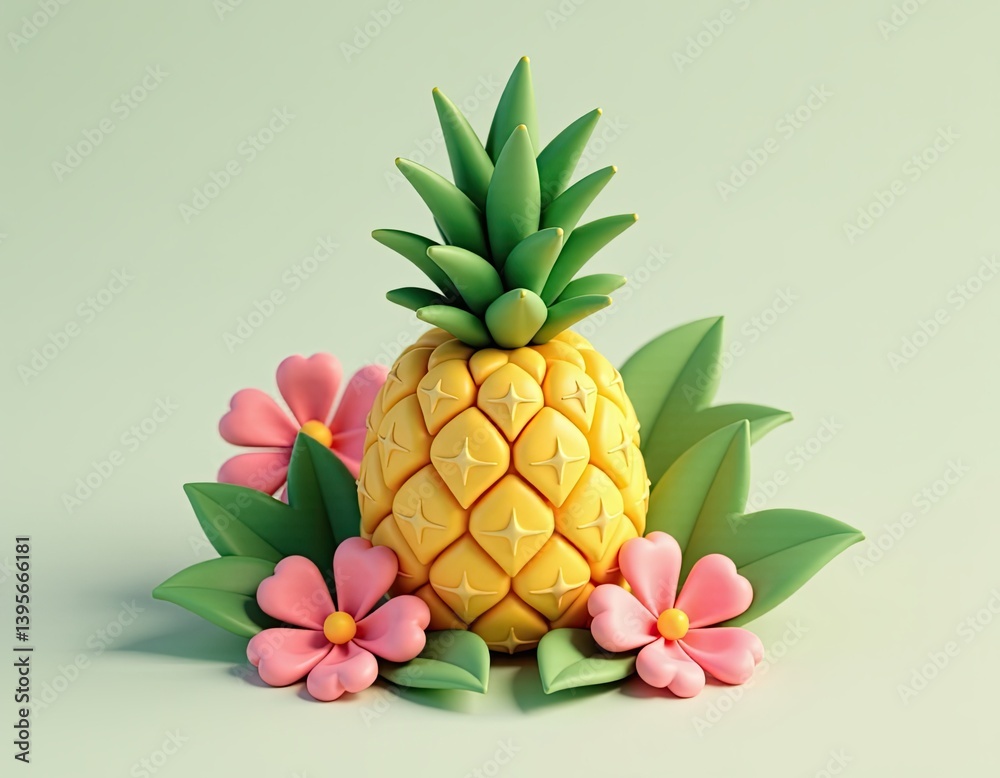 Cute 3D Rendered Pineapple with Pink Flowers and Green Leaves