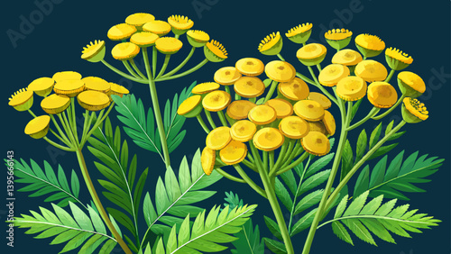 Yellow flowers of a medicinal wild plant tansy closeup