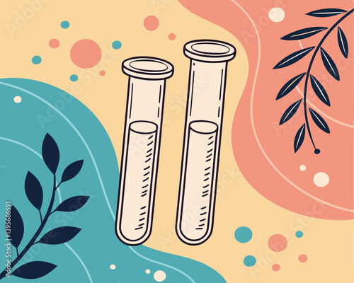 Two test tubes on a split peach and teal background with leaves.