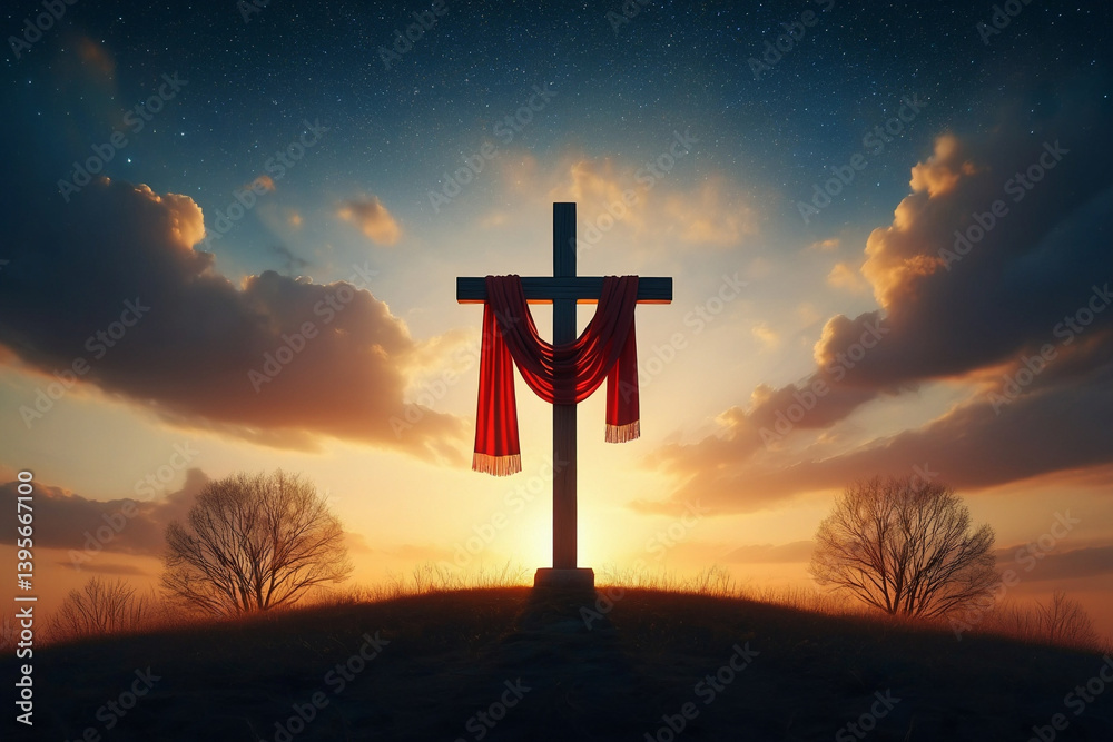 Sunset Silhouette of a Cross with Red Cloth A Symbol of Faith and Hope Sunset Silhouette of a Cross with Red Cloth A Symbol of Faith and Hope