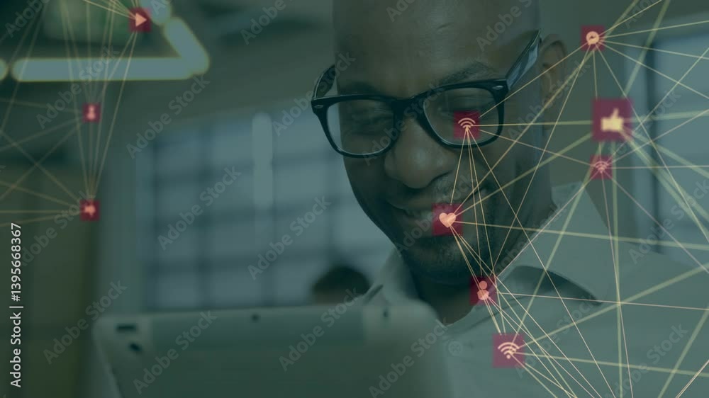 Using tablet with animation of digital network icons, person smiling Using tablet with animation of digital network icons, person smiling