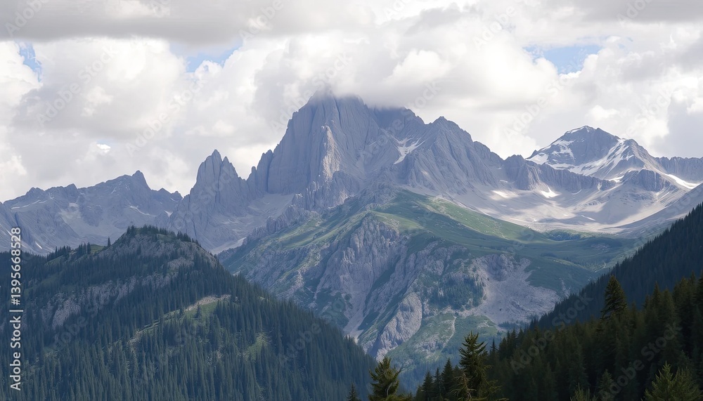 Fototapeta premium Majestic Mountain Range with Green Forests and Cloudy Sky