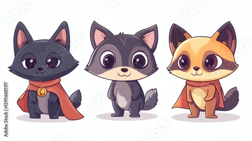 Three adorable cartoon animals wearing superhero capes. photo