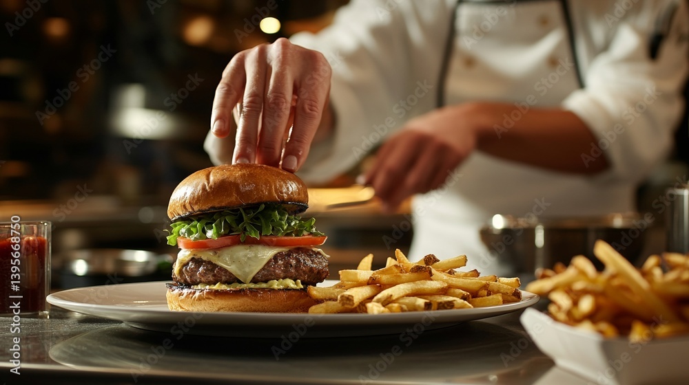 Chef preparing gourmet burger with fries in restaurant kitchen Chef preparing gourmet burger with fries in restaurant kitchen