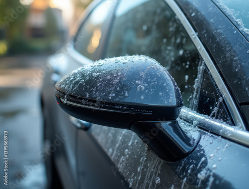 Side Mirror and Reflection – Focusing on the Side Mirror of a Luxury Car Covered in Raindrops