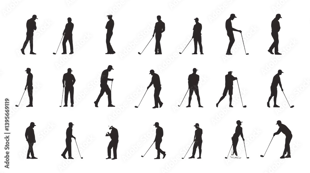Fototapeta premium Silhouette of a male golfer demonstrating various swings and stances on the course.