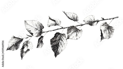 A delicate illustration of a leafy branch, showcasing intricate details and textures in monochrome.