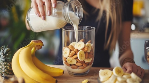 Female preparing a healthy banana almond milk smoothie in a bright kitchen